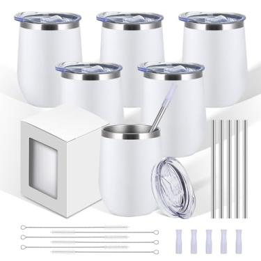 Imagem de CoolSub Copos de vinho de aço inoxidável de 350 ml, pacote com 2, copos de vinho isolados a vácuo de parede dupla com tampas e canudos para café, vinho, branco, 6 pacotes