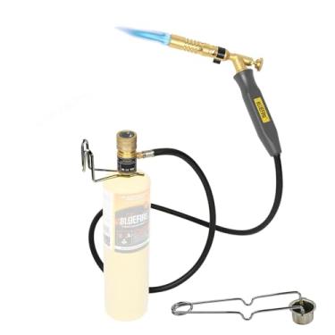 Imagem de BLUEFIRE MRAS-8210 Tocha de solda a gás propano turbo super jumbo com mangueira de combustível de 1,8 m da MAPP MAP Pro Propane. Cabeça de bocal de alta intensidade para soldagem de tubo de cobre de