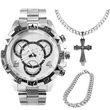 Imagem de relogio aço inox prata prova dagua + crucifixo + pulseira social origi