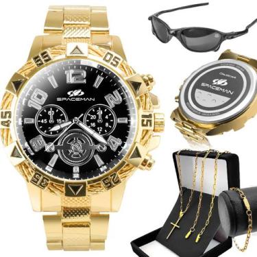 Imagem de Relogio Masculino Dourado + Oculos Sol + Cordão social ouro casual ori