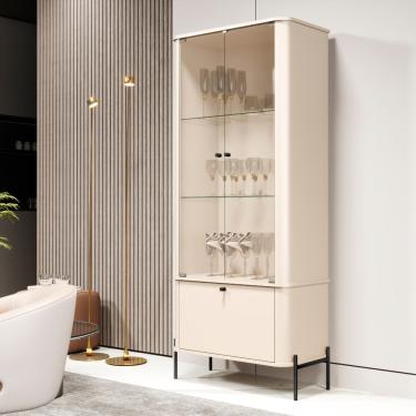 Imagem de Cristaleira com Vidro 3 Portas e Pés Em MDF Tucupi JB Móveis - Off White/Preto