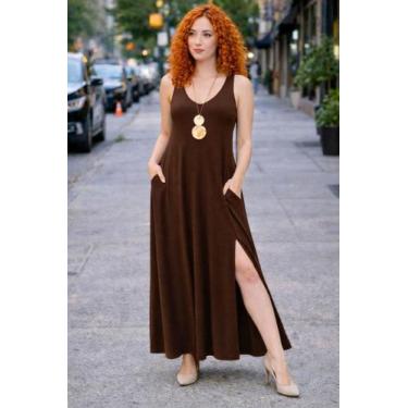 Imagem de Vestido Regatão com Bolso e Fenda na Lateral - modanascimento, Marrom,