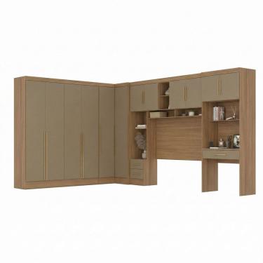 Imagem de Guarda-roupa Modulado 5 Peças 12 Portas com Cabeceira até 158cm e Escrivaninha Cinamomo/Capuccino