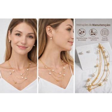 Imagem de Kit Feminino Colar Pérola Longo Brinco Folheado Ouro - Rrrjoias