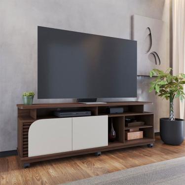 Imagem de Rack para TV Até 75 Polegadas Jurerê 2 Portas Ripado Nogueira Real/Off White Matte - Colibri