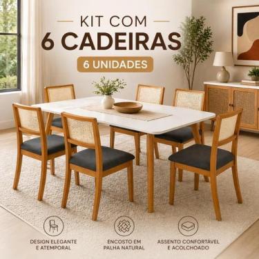 Imagem de Kit 6 Cadeiras de Jantar Palha Estofadas Linho Chumbo Encosto Tela Sex