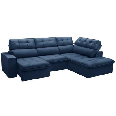 Imagem de Sofá 4 Lugares Retrátil Reclinável Chaise Direito 288cm Solin F04 Veludo Azul - Lyam Decor
