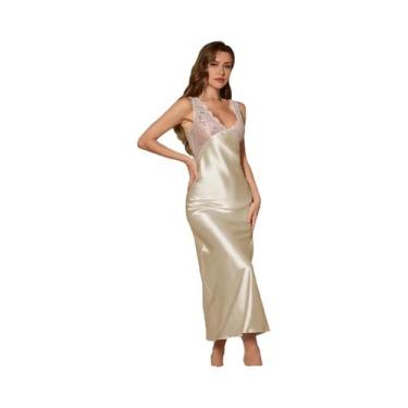 Imagem de Vestido De Dormir Elegante Feminino Com Decote Em V E Renda, Em Cetim,