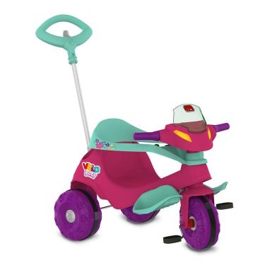 Imagem de Triciclo Infantil Velobaby Passeio e Pedal com Haste Direcionável Cercado Rosa Brinquedos Bandeirante