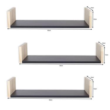 Imagem de Kit 3 Prateleiras Decoração Sala Madeira Pinus E Preto 60Cm