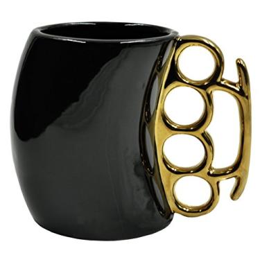 Imagem de Caliber Gourmet Caneca de café de cerâmica em forma de articulações em latão, preta e dourada, copo K, ótima xícara de café de chá, viagens, viagens de acampamento, para militares, veteranos