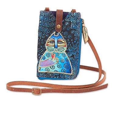 Imagem de Bolsa feminina para celular transversal Laurel Burch – Bolsa feminina de lona de algodão multicolorida com pulseira ajustável de couro genuíno, A. Cat Blue, Medium
