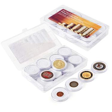 Imagem de 32 cápsulas de moedas de 46 mm e 7 tamanhos (20/25/30/35/38/40/46 mm) Capa protetora para guardar moedas com caixa organizadora de plástico para suprimentos de coleção de moedas