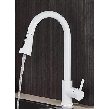 Imagem de Torneira de cozinha de níquel escovado com furo único bica para pia de cozinha torneira misturadora cabeça de pulverização cromada/preta torneira misturadora, branco A