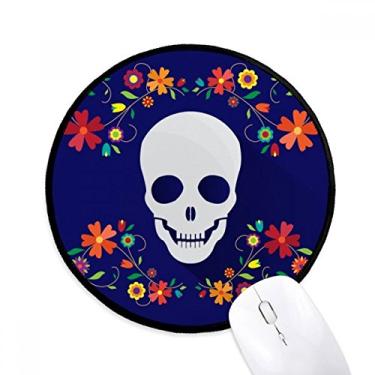 Imagem de Ilustrações de caveira de flores redondas antiderrapantes Mousepads com bordas costuradas pretas, presente de escritório