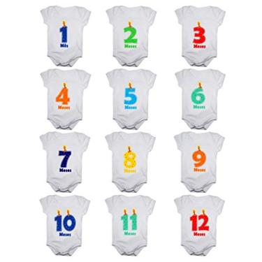 Imagem de Kit Body de Bebê Mês Aniversário Unissex - 12 bodies (Tamanho Único, Números vela)