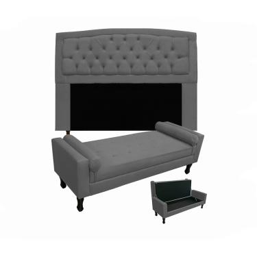 Imagem de Conjunto Cabeceira Geovana + Calçadeira Fênix Queen 160cm Suede Cinza - LM DECOR