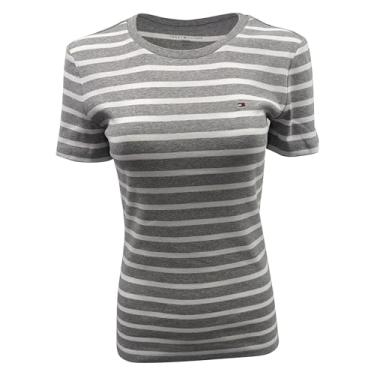 Imagem de Tommy Hilfiger Camiseta feminina gola redonda logotipo cor sólida manga curta algodão 1483915, Cinza/branco, XXG