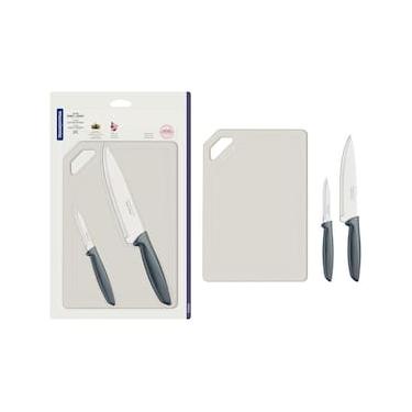 Imagem de Conjunto de Facas e Tábua de Corte Tramontina Plenus em Aço Inoxidável - Cinza - 3 Peças