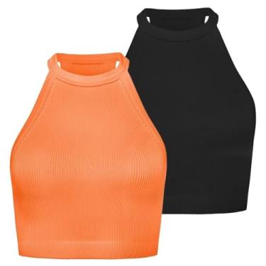 Imagem de Sunzel Regatas femininas caneladas, gola alta sem costura, sem costura, camisetas básicas de ginástica atléticas para ioga, Preto + laranja brilhante (corte) pacote com 2, GG