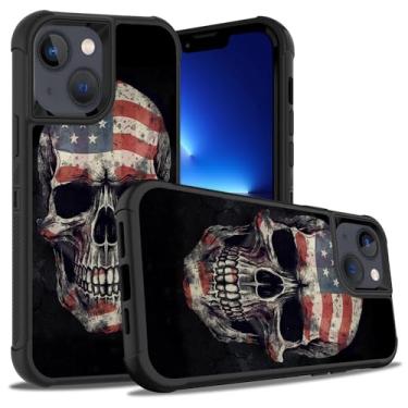 Imagem de ZXHSBROK Capa para iPhone 15 Plus (2023)/iPhone 14 Plus (2022), capa de plástico rígido híbrido 3 em 1 resistente e silicone macio à prova de choque de 6,7 polegadas, caveira com bandeira americana