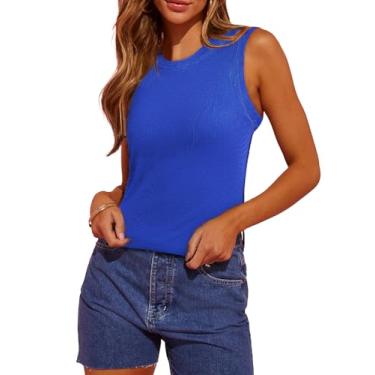 Imagem de EVALESS Regatas femininas com nervuras justas camisas básicas verão sem mangas roupas de férias moda 2024, Azul, M