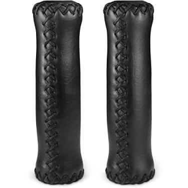Imagem de MARQUE Punhos de guidão de bicicleta Cruiser – Punhos de couro de vinil marrom em 135 mm com costura costurada à mão para guidão de bicicleta Beach Cruiser de 22,2 mm (7/8") para mulher e homem (preto)