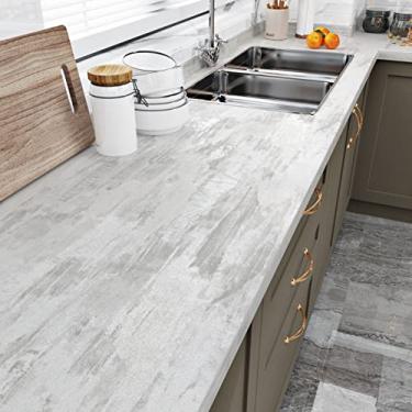 Imagem de Wallercity Papel de contato de madeira cinza branco texturizado espesso para bancadas, papel de parede de contato com cimento cinza fosco, papel de parede com aparência de madeira, cola e descasca,