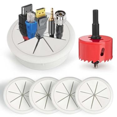 Imagem de 6 peças ocultas de cabo de TV para TV montada na parede de 60 mm (2,36 pol) cabo escondedor de fio de TV com ilhós, capa de furo com furo de serra, kit de gerenciamento de cabos de parede para