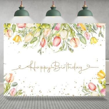 Imagem de Rsuuinu Pano de fundo para fotografia de tulipa floral rosa branco com bolinhas douradas para meninas e mulheres, suprimentos de decoração de festa de aniversário, faixa de fotos, adereços de estúdio