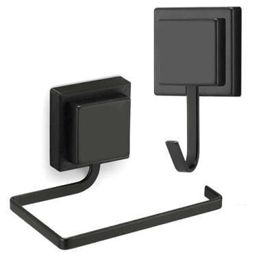 Imagem de Kit Suporte Banheiro Lavabo Porta Papel Higiênico de Parede Fixação Dupla Face Sem Furo + Gancho Cabide Suporte Porta Toalha de Rosto de Parede Banheiro Sem Furo Arthi - PRETO