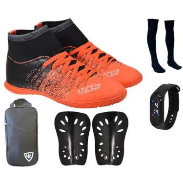 Imagem de Chuteira Futsal Salão Quadra Nova Botinha Cano Alto Adulto Infantil Meião Mochila Relógio Caneleira (Laranja, 39)