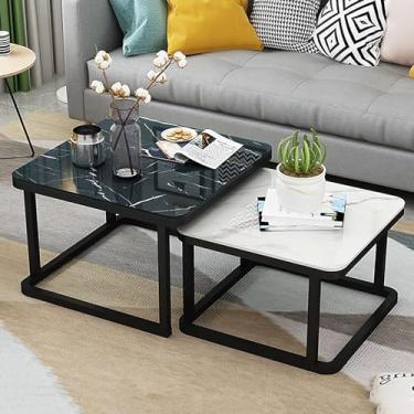 Imagem de Conjunto de mesa de centro aninhada com 2 mesas laterais empilháveis, tampo de mesa de vidro temperado liso com efeito de mármore para sala de estar, mesas de sofá de metal, moldura preta, 7