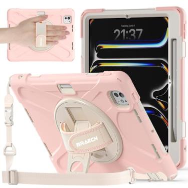 Imagem de BRAECNstock Capa infantil para Apple iPad Pro 11 polegadas M5 2025/ M4 2024, capa protetora à prova de choque com suporte para lápis, alça de mão e suporte rotativa de 360°, alça de ombro para iPad
