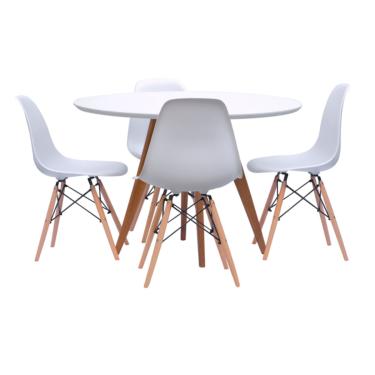 Imagem de Mesa De Jantar Square Redonda Branco Fosco 88cm + 4 Cadeiras Eiffel Em Pp Branca Com Base Madeira