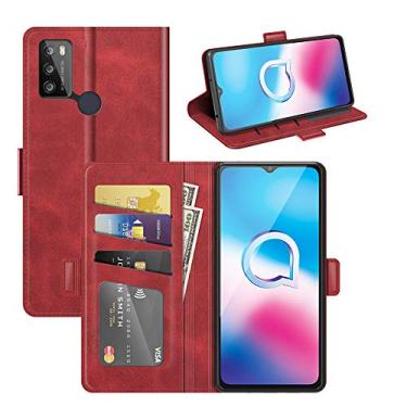 Imagem de Capa para Alcatel 1S 2021, carteira de couro PU premium estilo livro ímã capa de telefone flip dobrável com compartimentos para cartão para Alcatel 3L 2021 capa de telefone (vermelha)