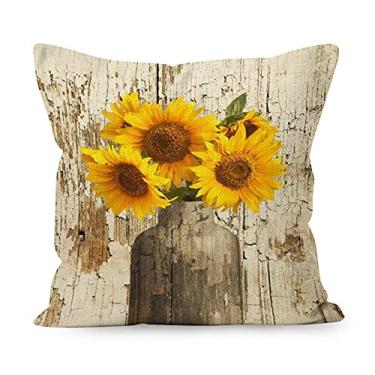 Imagem de Liosei Farmhouse Capa de almofada rústica de verão com girassol em vaso, tábua de madeira, linho, presentes para amantes de girassol, decoração para quarto de casa, cama, sofá, decoração (45 x 45 cm)