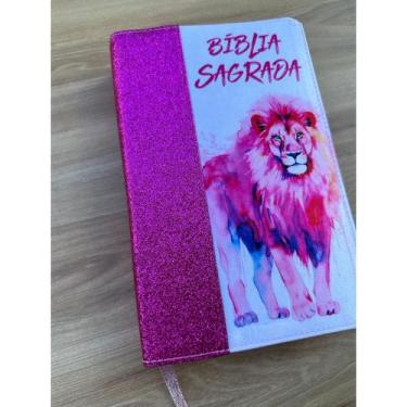 Imagem de Biblia Premium glitter rosa leao inteiro Letras Grandes Evangélica Com
