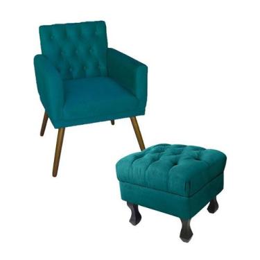 Imagem de Kit Poltrona Emilia E Puff Retrô Para Sala Quarto Suede Azul Turquesa 