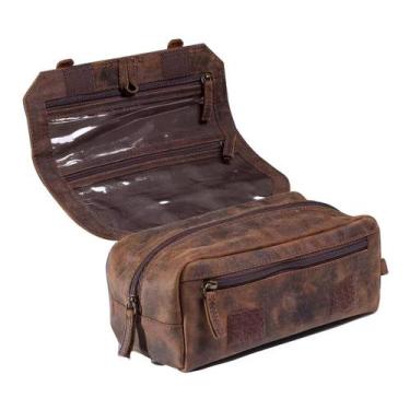 Imagem de Necessaire Unissex Cinnamon Couro Bovino Marrom Rústico Forro Impermeá