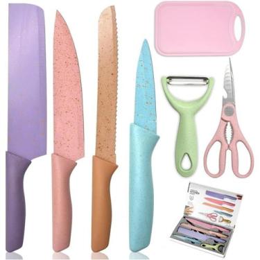 Imagem de Kit de Conjunto Facas Coloridas Tesoura Descascador Cozinha Gourmet 6 