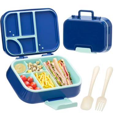 Imagem de Ingcebo Lancheira Bento para crianças, recipiente de almoço com 5 compartimentos, à prova de vazamento, alça portátil, segura para micro-ondas/lava-louças, livre de BPA (azul)