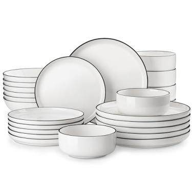 Imagem de MALACASA Conjunto de pratos e tigelas, conjunto de 24 peças de louça de porcelana moderno para 6 pratos de cerâmica, conjunto de utensílios de jantar branco com aro preto, adequado para micro-ondas e