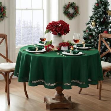 Imagem de Elrene Home Fashions Toalha de mesa de tecido natalino com corte a laser Holly, 177 x 178 cm, redonda, verde-azevinho