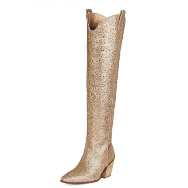 Imagem de Ouepiano Botas de caubói femininas botas de tornozelo botas de strass ocidentais botas de strass bico fino salto baixo grosso 5 cm puxar botas de cowboy curtas para mulheres, meninas, festa, Over Knee