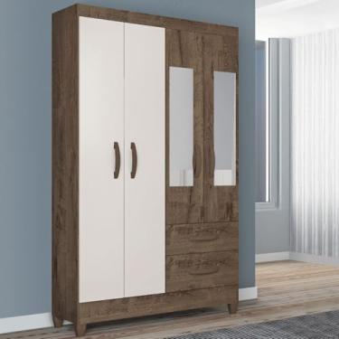 Imagem de Guarda Roupa Solteiro Armário Roupeiro Real Quarta 4 Portas Espelho 2 Gavetas Marrom Café Off White