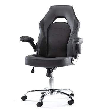 Imagem de Cadeira ergonômica para jogos de computador – Cadeira de escritório de couro PU com apoio de braços e suporte lombar acolchoados, cadeira de computador ajustável em altura com função de balanço
