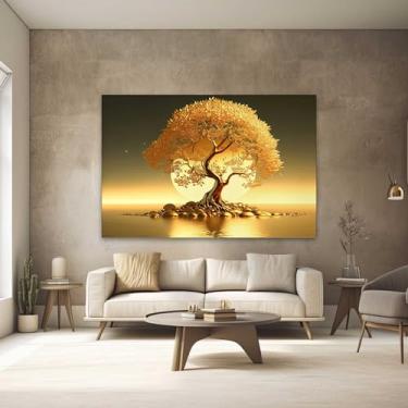 Imagem de Quadros Decorativos para Quarto Sala 90x60 Arvore Dourada Horizontal Grande Escritório Hall