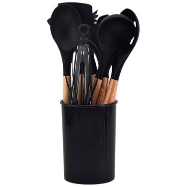 Imagem de HJZSZX Conjunto de utensílios de cozinha de 12 peças, espátula de silicone, alça, resistente ao calor, espátula, colher, escova, batedor para cozinha, preto, 12 peças