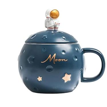Imagem de Caneca de astronauta estilo minimalista com tampa de colher estrela xícara de café de cerâmica lua xícara de chá presente escritório casa (azul astronauta, 400 ml)